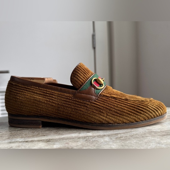 GUCCI Brown Corduroy Web Gold Horsebit Slip On Loafers 8.5 / 9 Moccasins $1000 - Picture 3 of 16